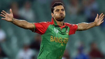 Bangladesh paceman Mashrafe Mortaza celebrates his wicket of England's Joe Root in his side's victory on Monday at the 2015 Cricket World Cup. Saeed Khan / AFP / March 9, 2015