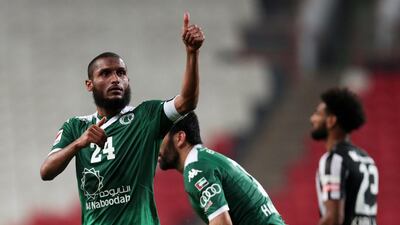 Al Shabab's Essa Obaid, left, celebrates scoring against Al Jazira during their Arabian Gulf League match at Mohammed bin Zayed stadium in Abu Dhabi on Friday night. Christopher Pike / The National