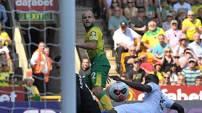 Pukki watches his shot beat Chelsea's goalkeeper Kepa Arrizabalaga for their second goal. AFP