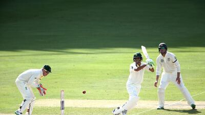 Younis Khan of Pakistan plays a shot at the start of the first Test against Australia in Dubai on Wednesday. Warren Little / Getty Images