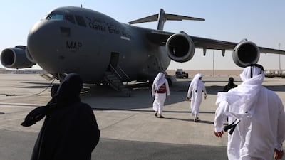 An army plane was loaded with humanitarian aid to be sent to Syria through Marka Airport in Jordan, at Al-Udeid air base in Qatar. AFP
