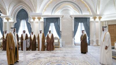 Major General Sheikh Khaled bin Mohamed bin Zayed gives his oath during the swearing-in ceremony. Ministry of Presidential Affairs