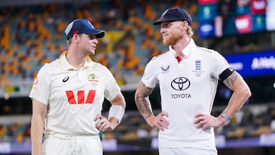 Australia captain Steve Smith alongside his England counterpart Ben Stokes after the match in Brisbane. PA