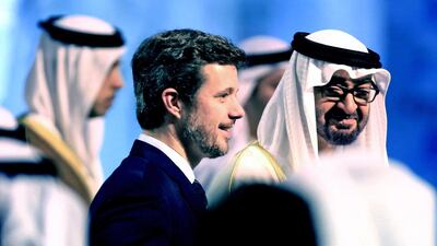 Sheikh Mohammed bin Zayed, Crown Prince of Abu Dhabi and Deputy Supreme Commander of the Armed Forces and the Danish crown prince Frederik arrive for the opening ceremony of the World Future Energy Summit at the Abu Dhabi National Exhibition Centre yesterday. AP Photo