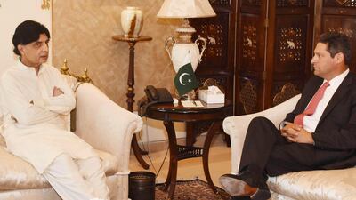 Pakistani Interior Minister Chaudhry Nisar Ali Khan, left, meets Vice President of Facebook Joel Kaplan in Islamabad
