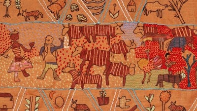 A panel of the Keiskamma Tapestry showing a European soldier confiscating Xhosa cattle.