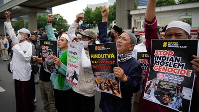 A protest on Friday outside the Indian embassy in Jakarta, Indonesia. AP