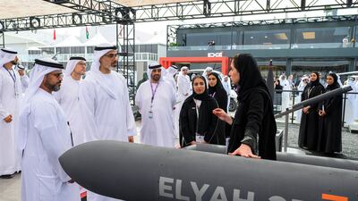 Sheikh Khaled bin Mohamed, Crown Prince of Abu Dhabi, speaks to experts at the air show