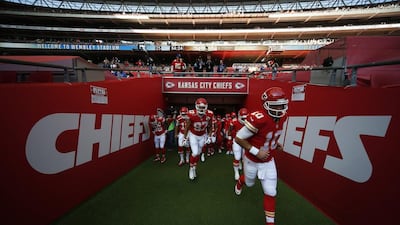 Kansas City Chiefs make their way to the pitch for a warm up during the NFL game between Kansas City Chiefs and Detroit Lions at Wembley Stadium on November 01, 2015 in London, England. (Photo by Alan Crowhurst/Getty Images)