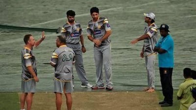 Misbah-ul-Haq, centre, seen here preparing for today's first one-day international against Sri Lanka in Pallekele, could be leading the Pakistan team in a series against Australia in the UAE this year. Eranga Jayawardena / AP Photo