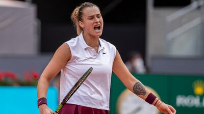 Aryna Sabalenka after losing a point in the Madrid final. AP