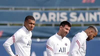 Kylian Mbappe (L), Lionel Messi (C) and Neymar. EPA
