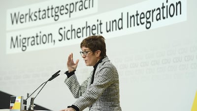 Christian Democratic Union (CDU) party leader Annegret Kramp-Karrenbauer speaks at her party's conference on migration, integration and security topics in Berlin, Germany. REUTERS