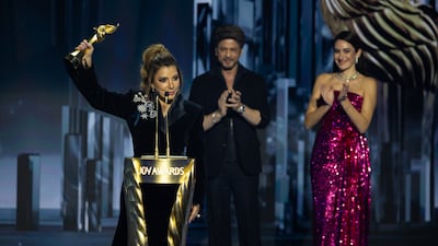 Assala Nasri was given a Joy Honorary Award by Bollywood star Shah Rukh Khan at the 2026 ceremony in Riyadh. Photo: MBC Shahid
