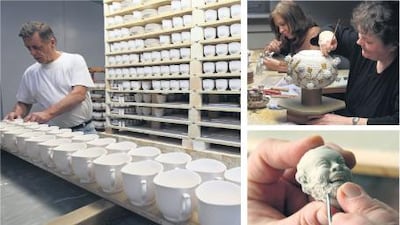 Above, an artisan moves porcelain cups after kilning. Top right, flower petals are painted on a teapot. Bottom right, details are carved into a figurine.