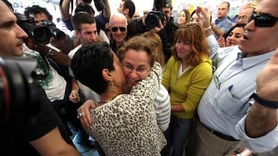 Supporters hold Aviva Shalit, mother of abducted Israeli soldier Gilad Shalit who was captured in 2006 by Hamas-allied militants in the Gaza Strip.