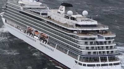 Helicopters fly over the cruise ship Viking Sky after it sent out a Mayday signal. AP