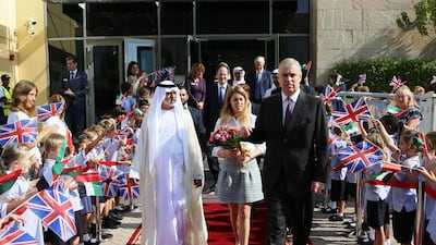 Sheikh Nahyan bin Mubarak, Minister for Culture, Youth and Community Development, along with Princess Beatrice and Prince Andrew, the Duke of York, at a ceremonial event at the British School Al Khubairat in Abu Dhabi. Courtesy British School Al Khubairat