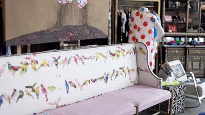 A Moissoier Banquette LXIV sofa in Urbanist, a designer clothing store at Box Park. This sofa is made in France and sells for 35,000 AED.