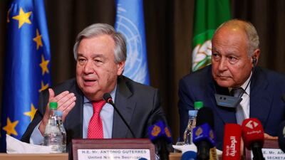 Antonio Guterres and Ahmed Aboul Gheit attend a news conference in Tunis. Reuters