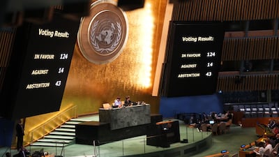 The result of a vote on the legal consequences of Israel's actions in the Palestinian territories is shown at the United Nations Headquarters, New York, on September 18. AFP