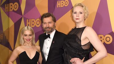 Emilia Clarke, from left, Nikolaj Coster-Waldau, and Gwendoline Christie. AP
