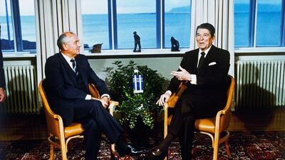Gorbachev and Reagan talk during their meeting in Reykjavik. AP