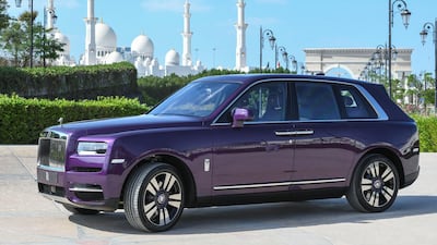 The bespoke 'twilight purple' Rolls-Royce Cullinan at the Ritz-Carlton Abu Dhabi, Grand Canal. Khushnum Bhandari for The National