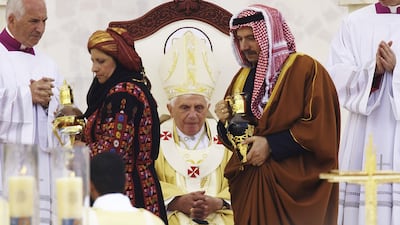 Pope Benedict XVI celebrates a mass in a football stadium in Amman, Jordan, in May 2009. Getty Images