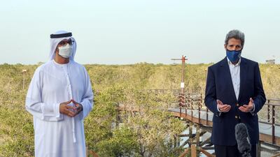US Special Envoy for Climate John Kerry (right) speaks alongside UAE Special Envoy for Climate Change and Abu Dhabi National Oil Company managing director and group chief executive Dr Sultan Al Jaber after the recent Regional Climate Dialogue in Abu Dhabi. WAM/Handout via Reuters