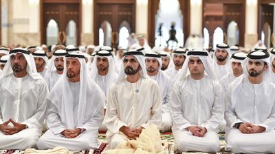 Sheikh Mohammed bin Rashid, the Vice President and Ruler of Dubai, performed Eid Al Fitr prayers at Zabeel Mosque in Dubai. Performing the prayer alongside Sheikh Mohammed were Sheikh Hamdan bin Mohammed, Crown Prince of Dubai; Sheikh Hamdan bin Rashid, Deputy Ruler of Dubai and UAE Minister of Finance; Sheikh Ahmed bin Saeed Al Maktoum, Chairman of Dubai Civil Aviation Authority and Chief Executive of Emirates Group; Sheikh Ahmed bin Mohammed bin Rashid, Chairman of Mohammed bin Rashid Al Maktoum Knowledge Foundation; a number of Sheikhs, officials and a group of worshipers. WAM