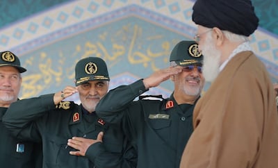 Qassem Suleimani, commander of the Islamic Revolutionary Guard Corps’ Quds Force, second left, was killed in a military strike by the US President Donald Trump. Irna