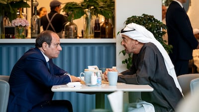 President Sheikh Mohamed meets Abdel Fattah El Sisi, President of Egypt, at Yas Mall in Abu Dhabi. All photos: UAE Presidential Court