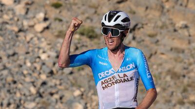 Decathlon AG2R La Mondiale Team's Ben O'Connor celebrates after winning Stage 3 of the UAE Cycling Tour on February 21, 2024. AFP