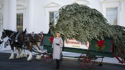 U.S. First Lady Melania Trump stands in front of the White House Christmas Tree at the North Portico of the White House in Washington, D.C., U.S. Bloomberg