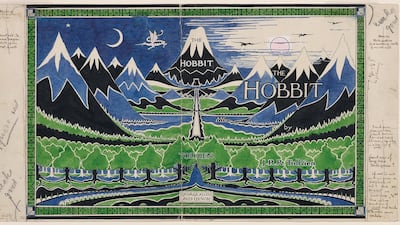 The final design of The Hobbit dust jacket. Tolkien not only illustrated The Hobbit but was also closely involved in its production process, designing the dust jacket and the binding
