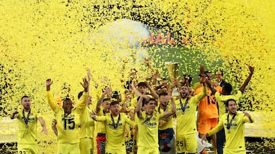 Villarreal players celebrate after beating Manchester United in the Europa League final at the Polsat Plus Arena in Gdansk, Poland, on Wednesday, May 26. Reuters
