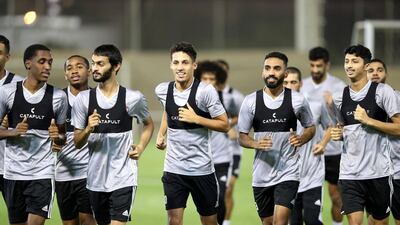 Dubai, United Arab Emirates - October 07, 2019: The UAE's Ali Saleh (M) trains. The UAE football team trains before their upcoming fixture Indonesia. Monday the 7th of October 2019. Al Wasl Sports Club, Dubai. Chris Whiteoak / The National