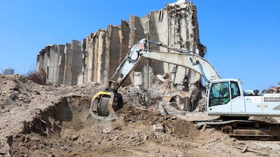 The remains of massive grain silos devastated in a deadly explosion at the Port of Beirut in August last year. AP