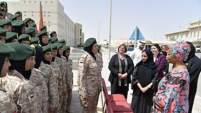 Phumzile Mlambo-Ngcuka, UN under-secretary-general, meets cadets undergoing military and peacekeeping training at the Khawla bint Al Azwar Military Academy, Abu Dhabi. Courtesy: UN Women UAE.