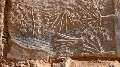 The stones show war scenes, as well as palm trees, grapes, pomegranates and figs.