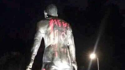 A picture shared on social media shows Messi and No 10 scrawled onto the statue of Cristiano Ronaldo.