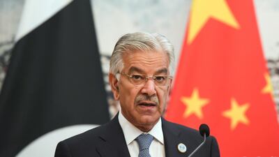 Former Pakistan foreign minister Khawaja Asif addresses a press conference in Beijing on April 23, 2018, days before a Pakistan court disqualified him from parliament. Madoka Ikegami / AFP