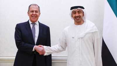 Russia's Foreign Minister Sergei Lavrov and his Emirati counterpart Sheikh Abdullah bin Zayed shake hands during a meeting. Reuters