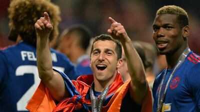 Manchester United goalscorers Henrikh Mkhitaryan and Paul Pogba celebrate. Peter Powell / EPA
