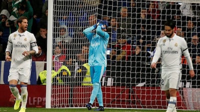 Real Madrid goalkeeper Keylor Navas, centre, reacts after his blunder saw Real Betis take the lead at the Bernabeu on Sunday, March 12, 2017. Sergio Perez / Reuters