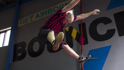 Danny Leicester shows off his trampoline and gymnastics skills at the soon to be opened Bounce trampoline facility in Al Quoz in Dubai. Antonie Robertson / The National
