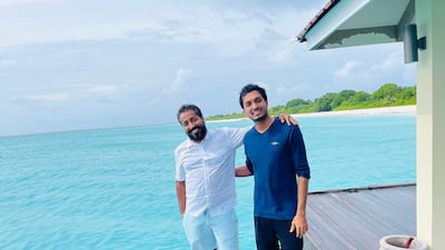 Greyar Dsouza (right) with his cousin Emmanuel Dsouza in Male, Maldives where they spent two-weeks in quarantine after a flight from India before flying out to Dubai. Incoming flights from India to the UAE have been suspended to control a fast-spreading deadly Covid-19 variant. Courtesy: Greyar Dsouza