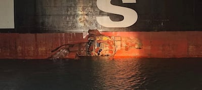 Damage on the Sariska V vessel in the Persian Gulf after MSC, the world's largest shipping group, said the vessel was struck by two projectiles in Iraq's Umm Qasr port. Reuters