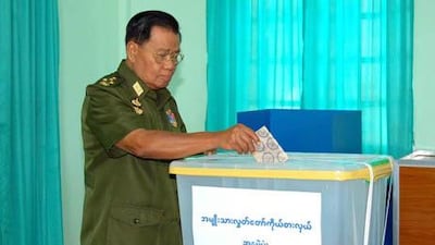 Myanmar junta chief Senior General Than Shwe casts his ballot at the polling station in Naypyitaw, Myanmar on November 7.